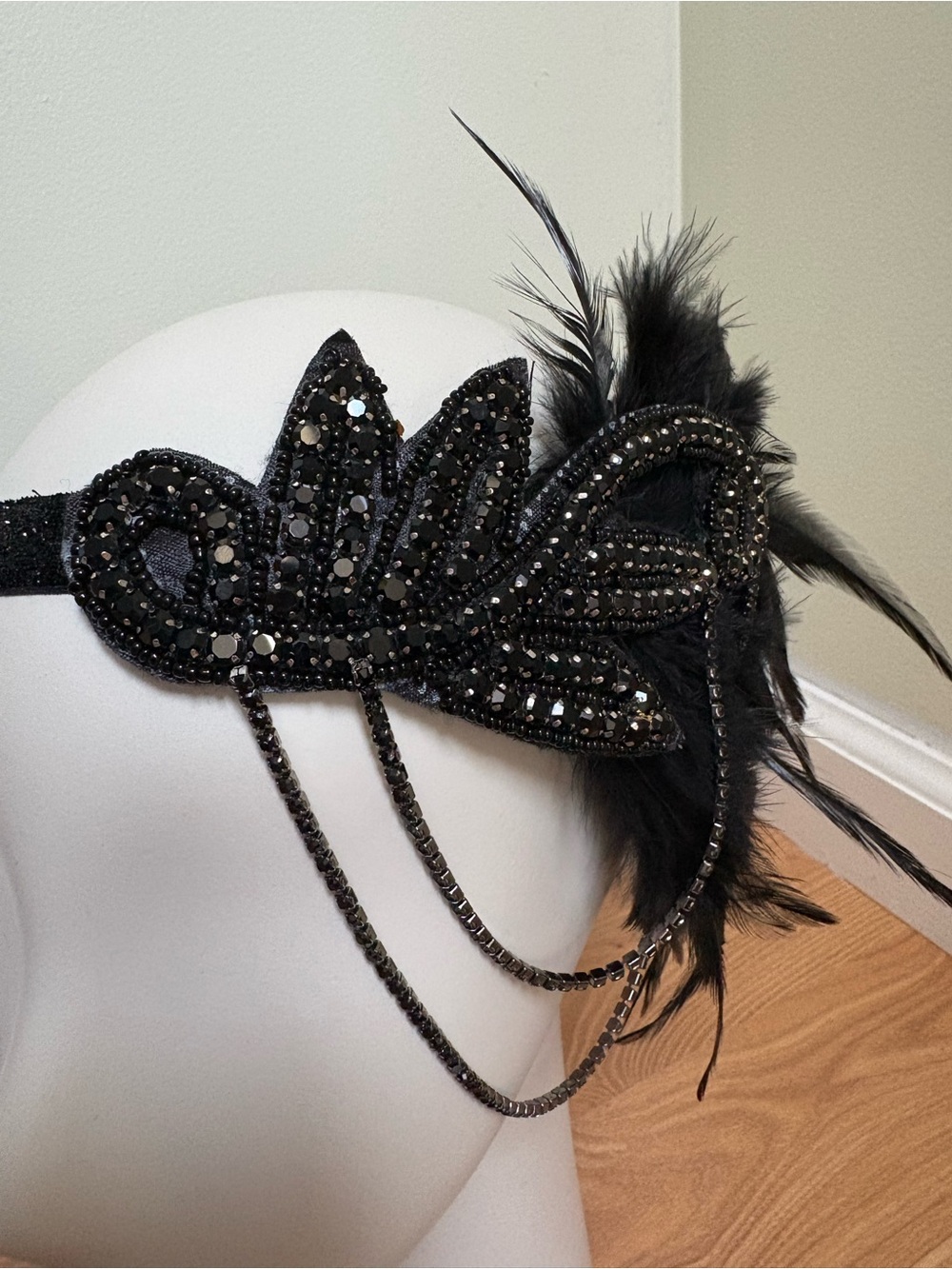 1920s style Flapper Black Beaded Feather Headband - Handmade